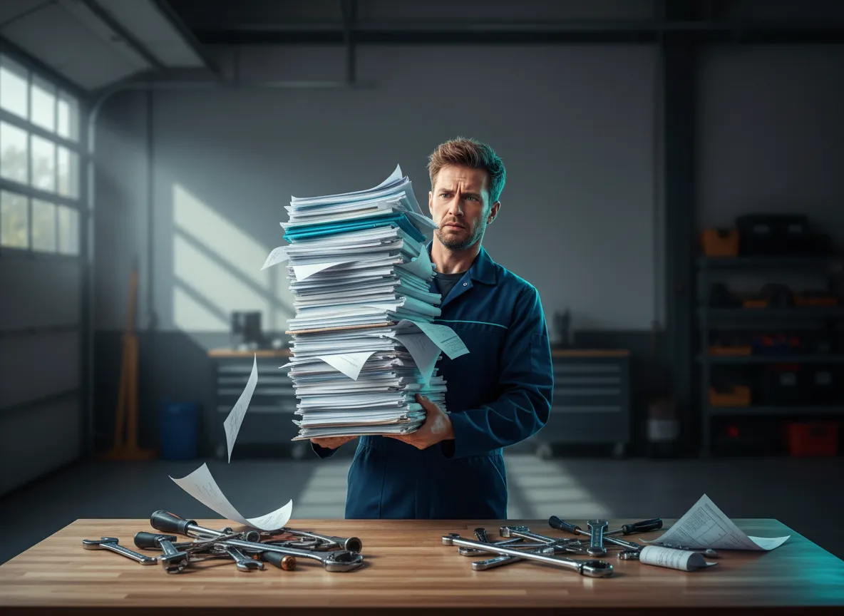 A frustrated home service technician looking at unorganized clipboards and paperwork in a work truck