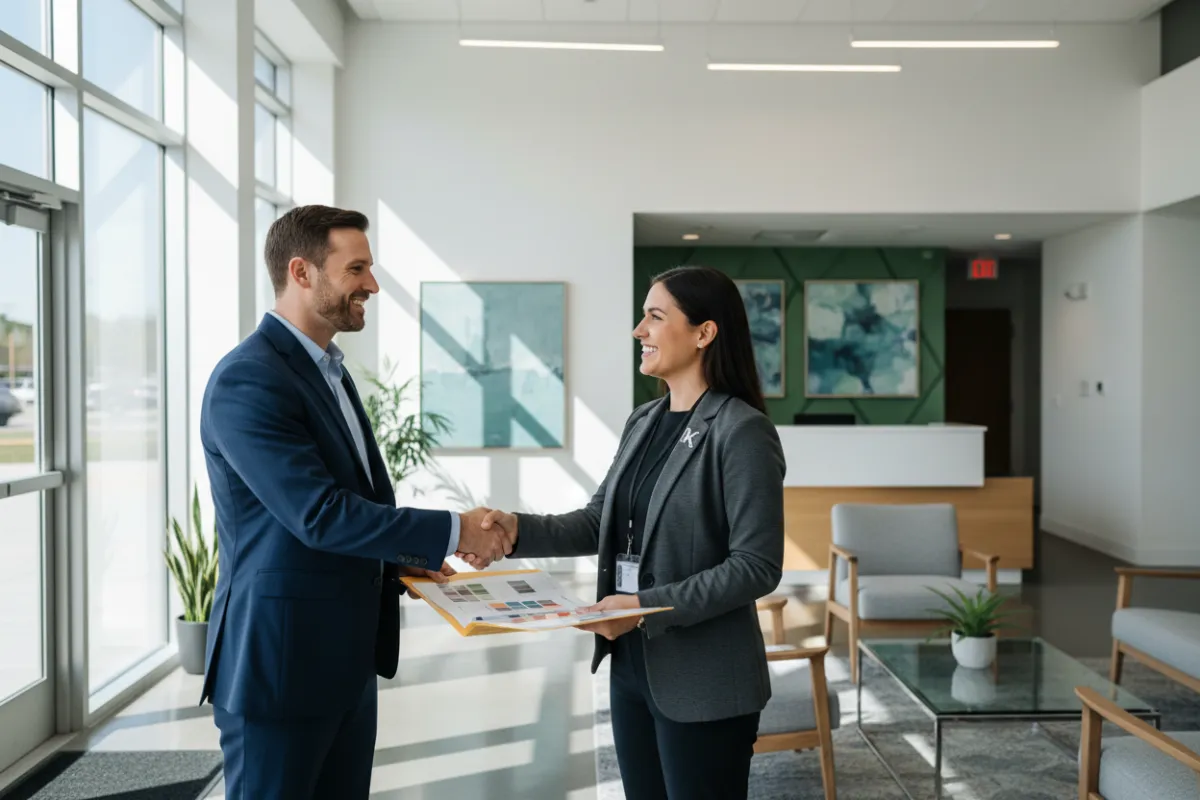 Business owner shaking hands with a Kairos Painting representative in a bright office lobby, both smiling and holding a project folder. The setting is modern, professional, and welcoming.