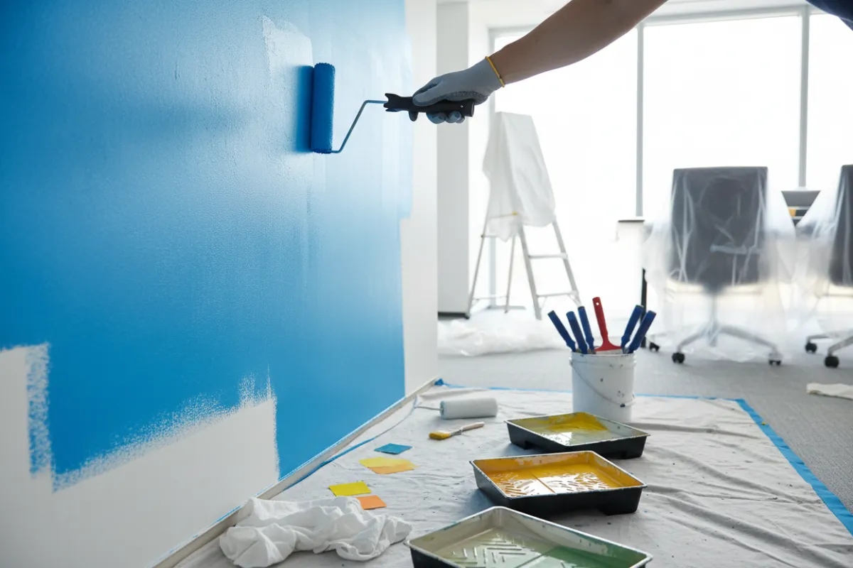 Close-up of a painter's hand using a roller to apply vibrant paint to a conference room wall, with protective coverings and tools neatly arranged nearby. The scene is bright, organized, and professional.
