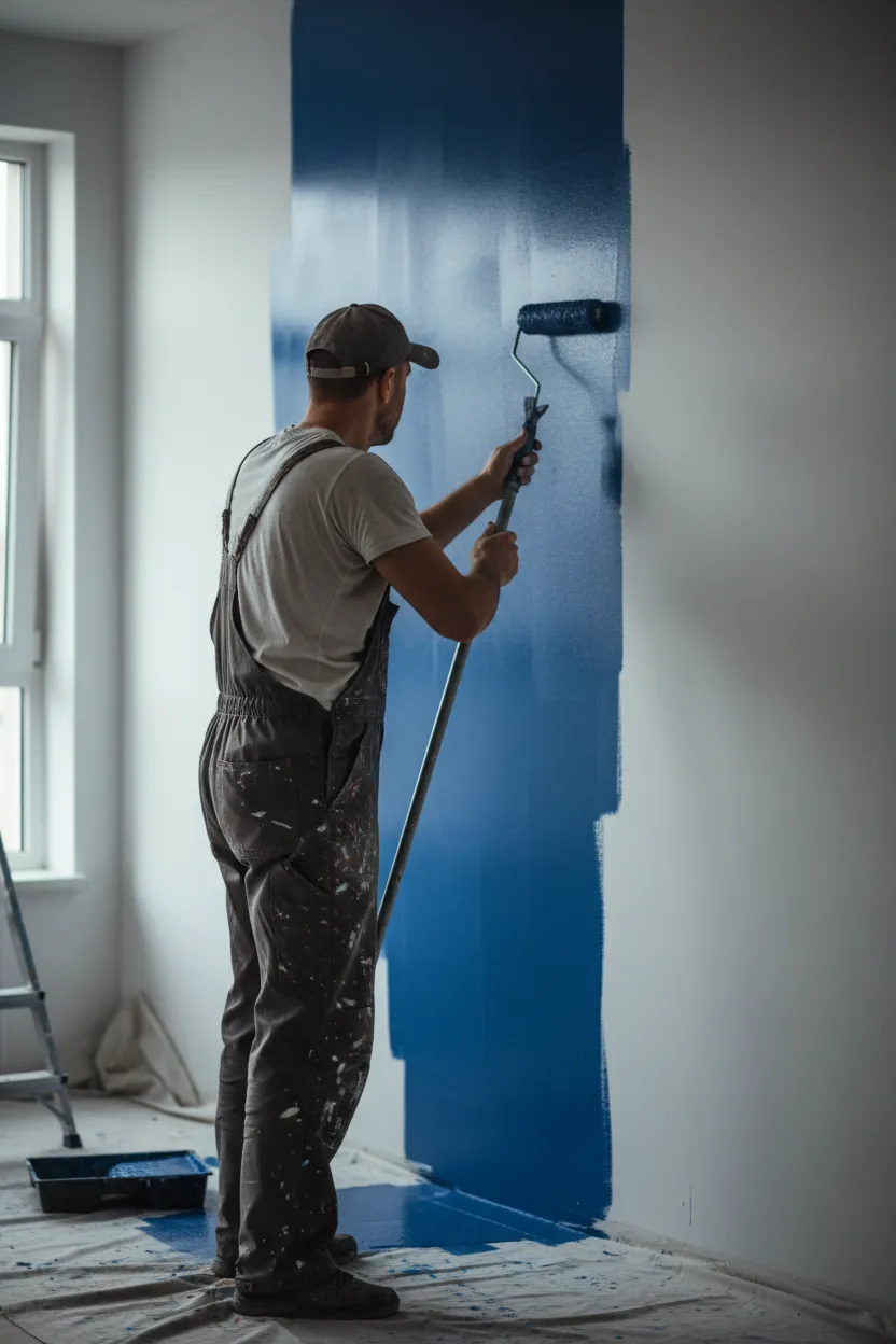 Professional painter applying a fresh coat of blue paint to a modern office wall, with natural light streaming in and business decor visible. The painter is focused, wearing branded attire, and the workspace is tidy and inviting.