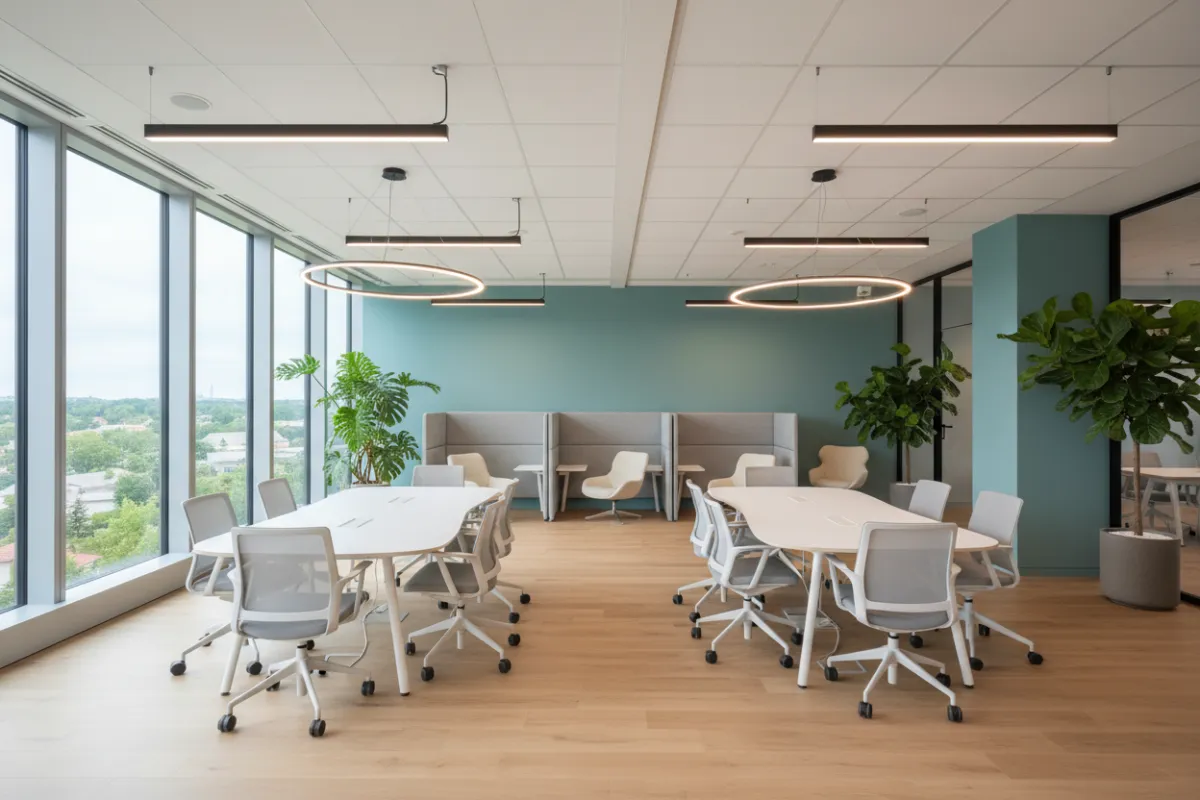 Modern coworking space with accent walls painted in calming teal, ergonomic furniture, and natural light. The space feels open, creative, and ready for collaboration.