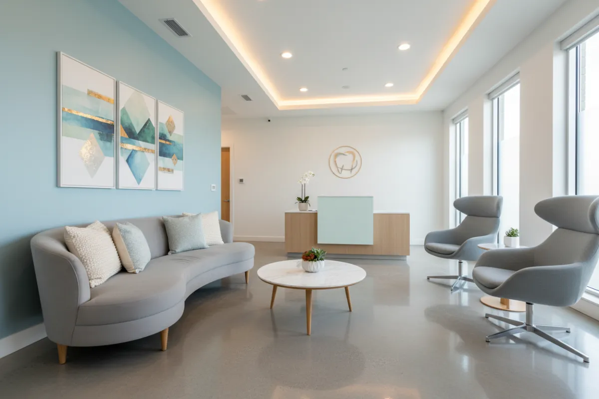 Reception area of a dental clinic with clean, bright walls, modern art, and a comfortable seating area. The new paint enhances the clinic's professional and welcoming atmosphere.