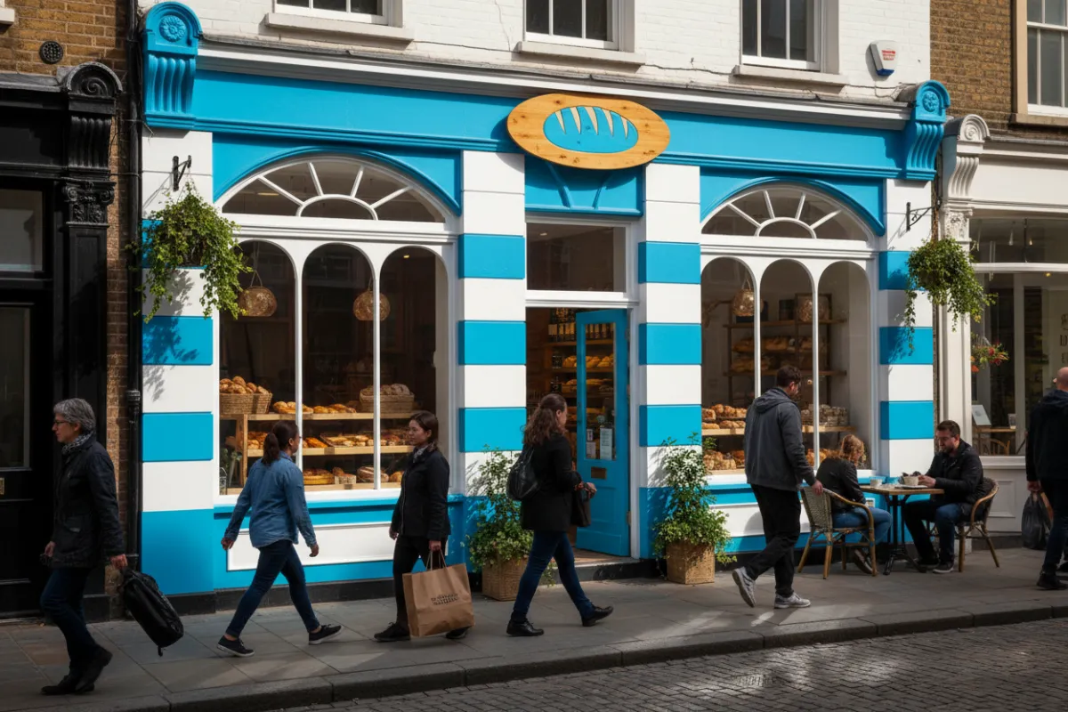 Renovated bakery storefront with vibrant blue and white paint, large windows, and a welcoming sign. The street is lively, and the bakery's new look stands out among neighboring businesses.