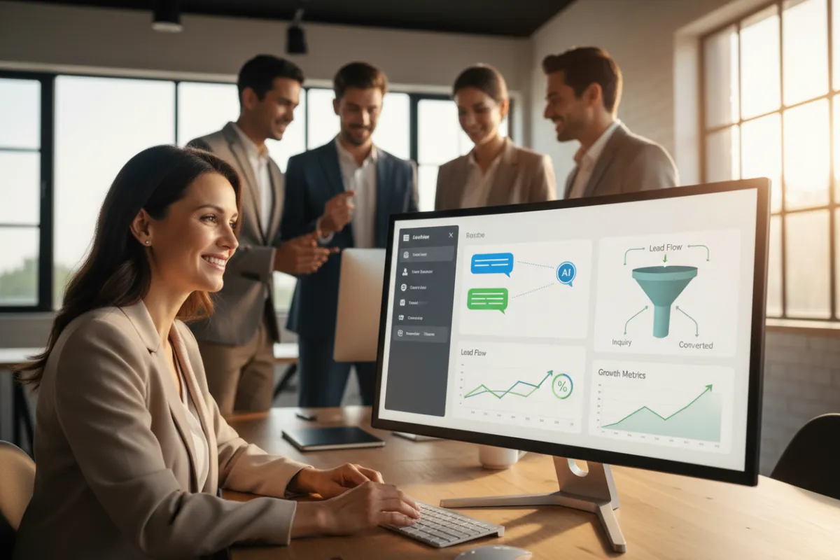 Photorealistic 8K image of AI automation handling customer leads in a modern office, with an automated dashboard in focus and diverse people in soft focus