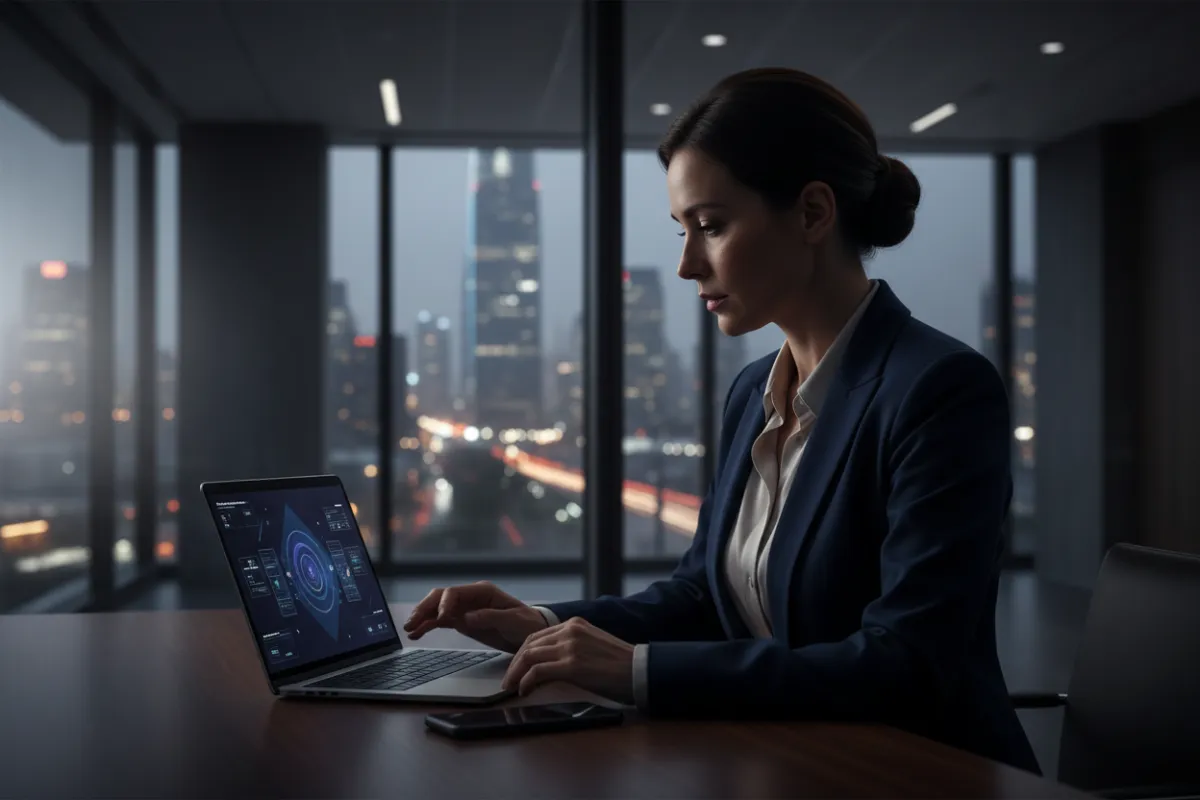 Photorealistic business hero portrait with high contrast on a dark background