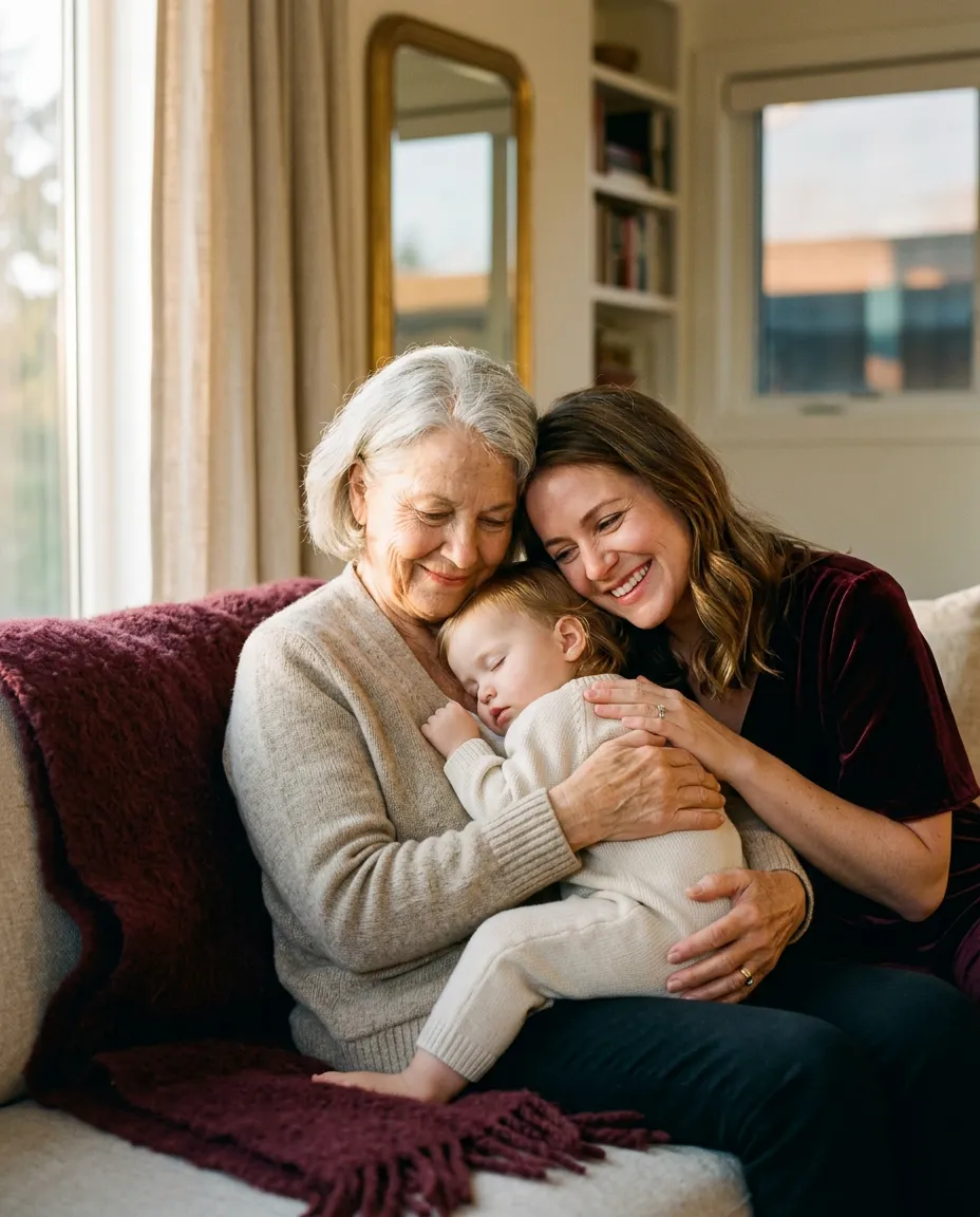 Intimate generational family moment captured in warm natural light