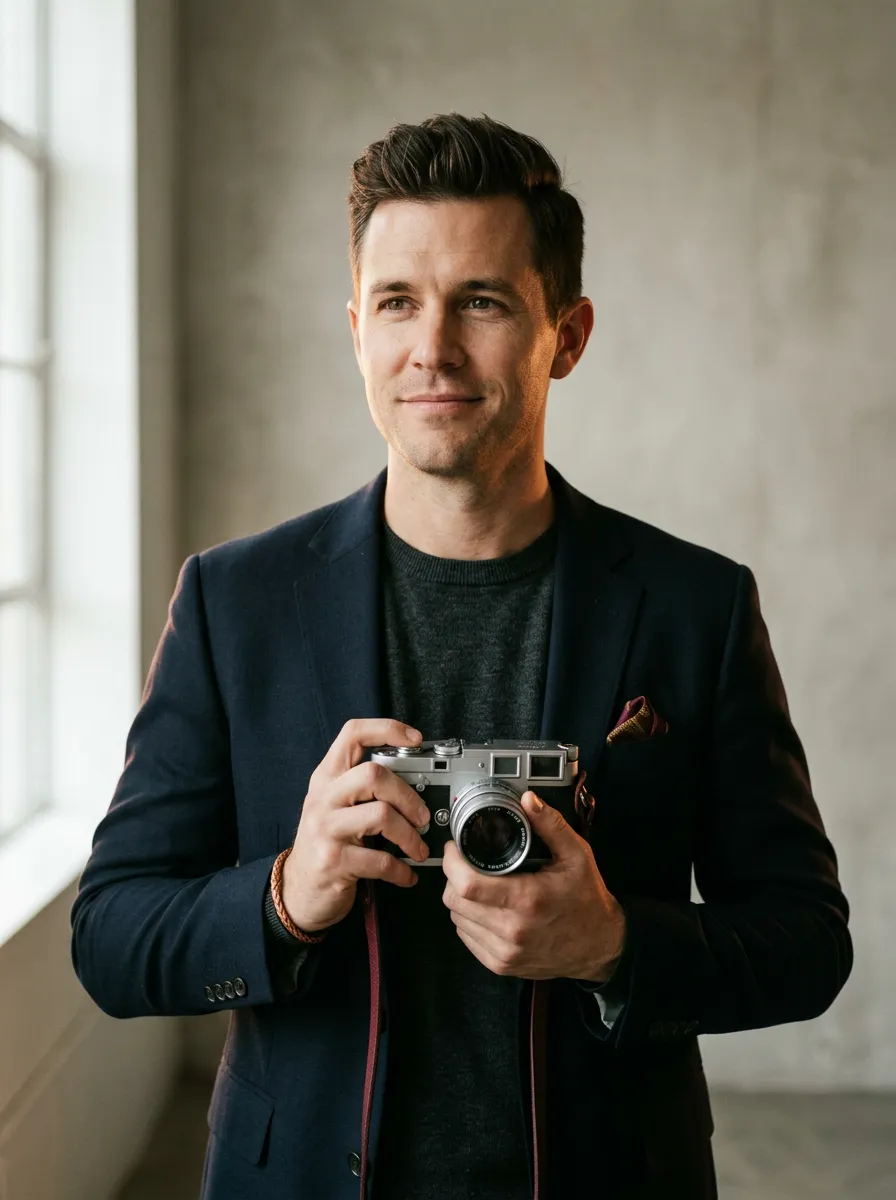 Portrait of NA Media Co founder and creative director in studio holding vintage Leica camera
