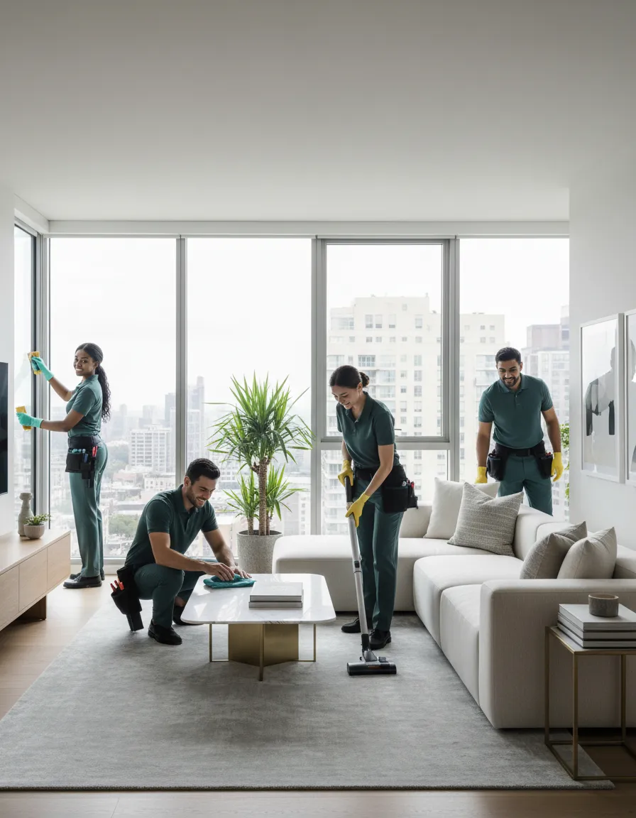 Professional housekeeper cleaning a modern living room