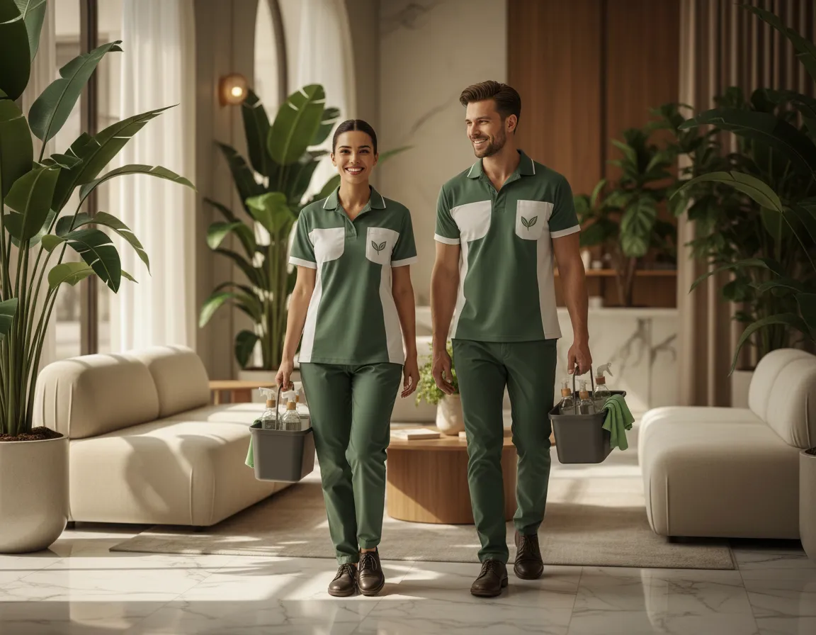 Friendly professional cleaning team in branded uniforms