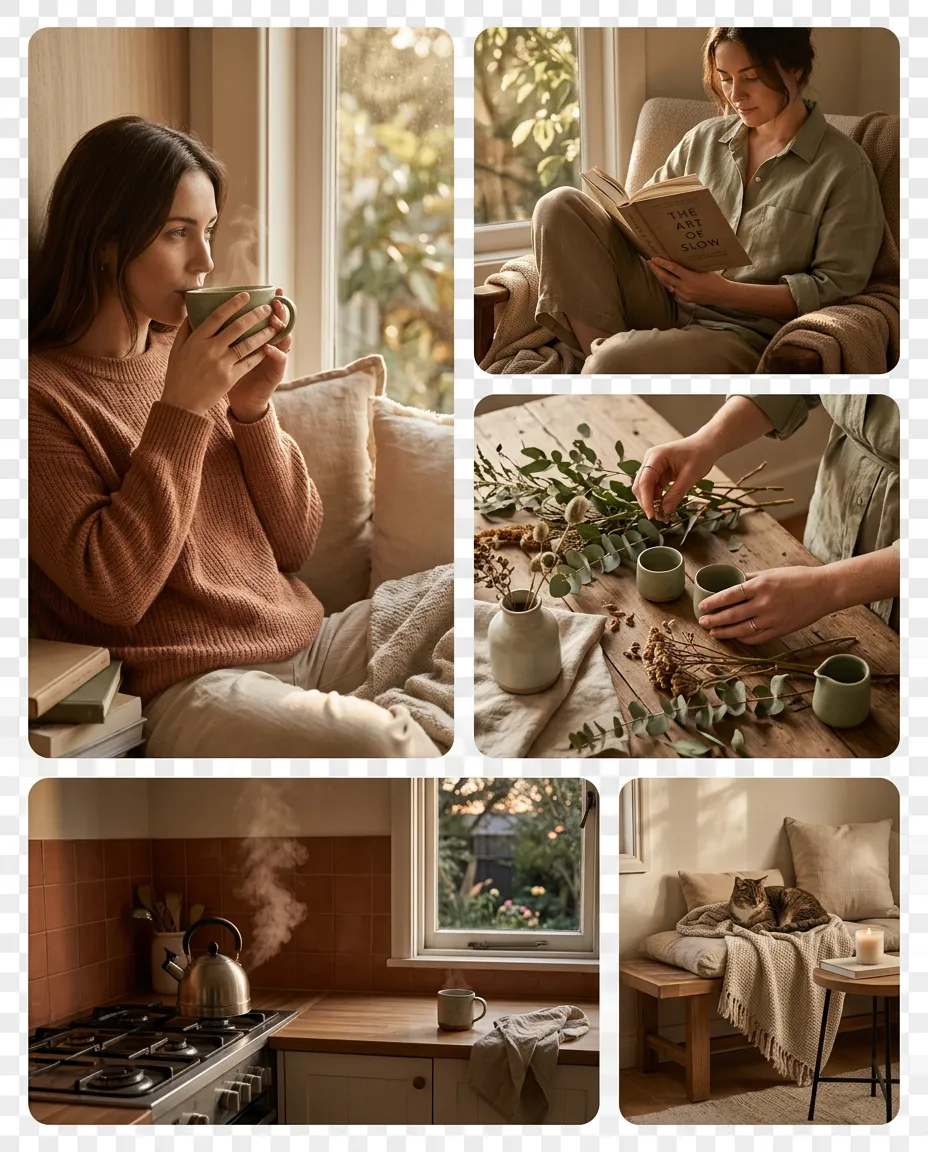 Mosaic Lifestyle Gallery depicting an asymmetric bento grid of five intentional living moments with warm sepia tones and rounded corners