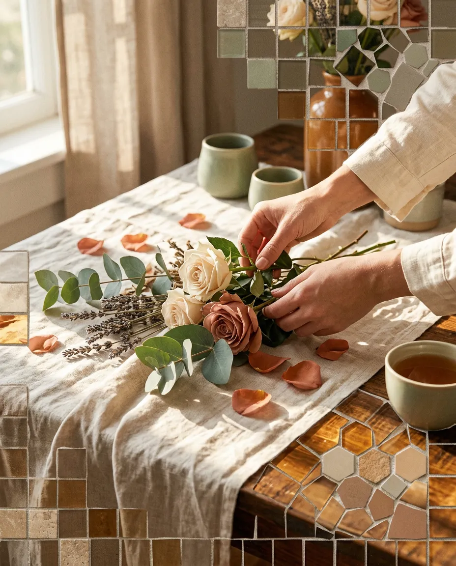 Framed mosaic photograph of graceful lifestyle moments with florals, sunlight, and linen textures