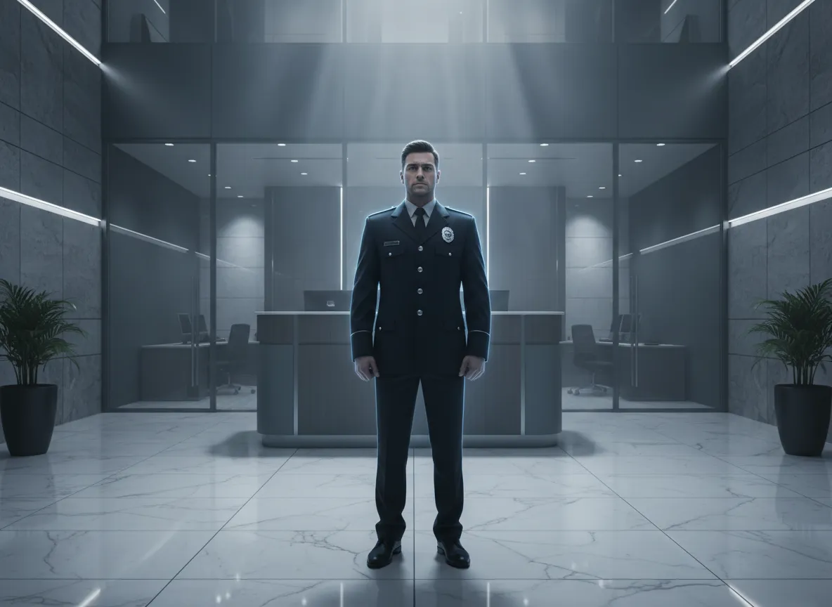 Bank security officer standing post in front of financial institution