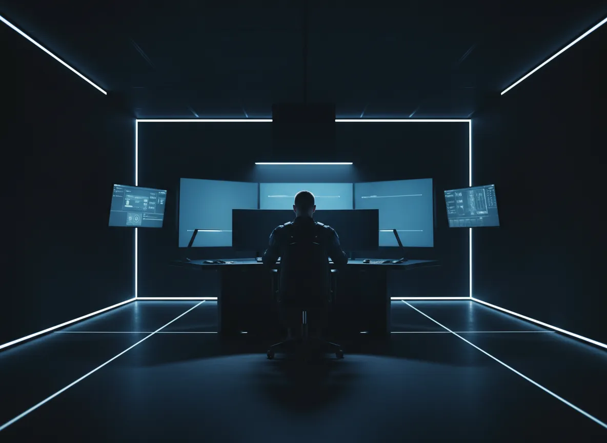 Security officer monitoring extensive surveillance camera grid