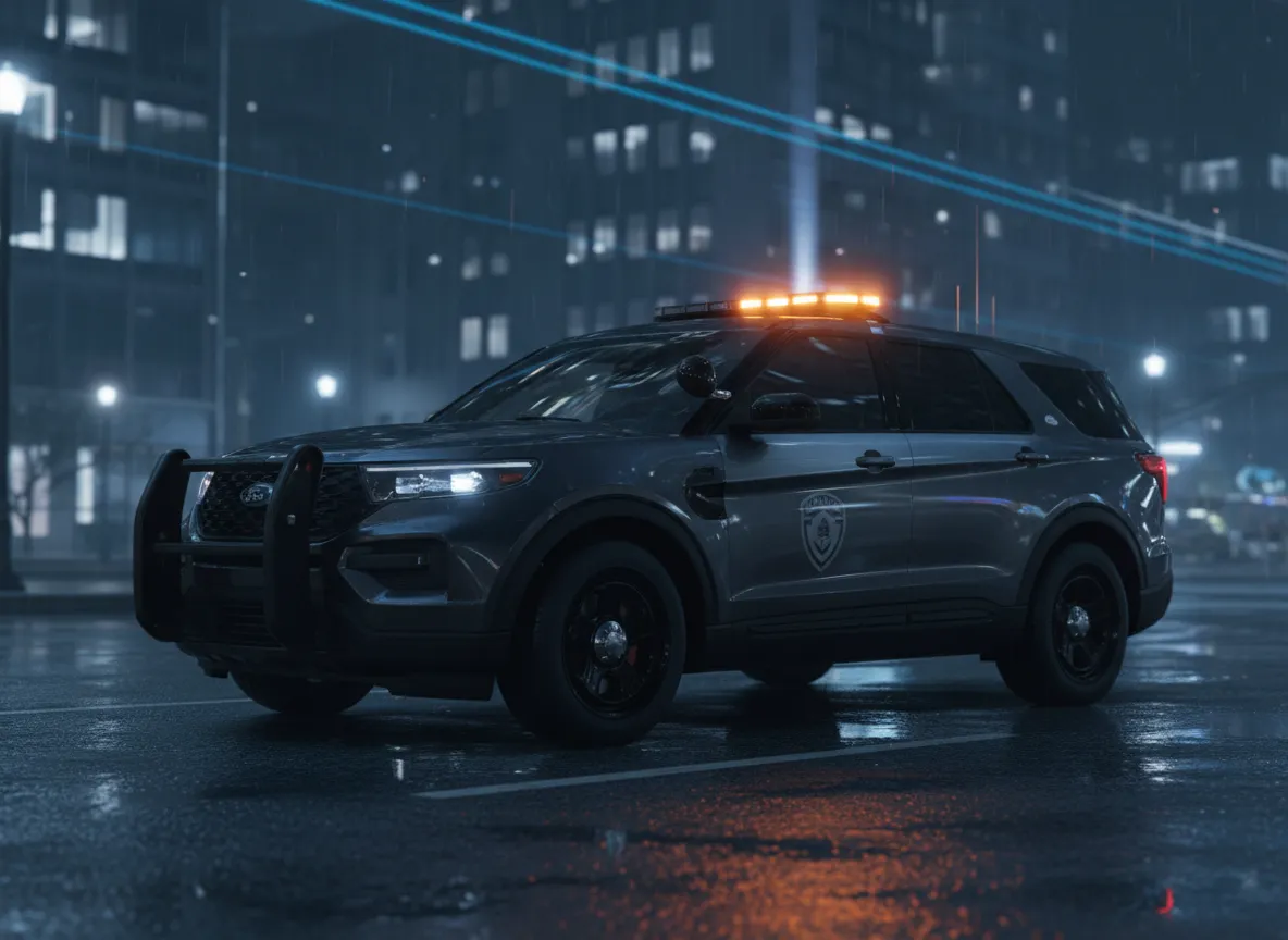 Branded mobile patrol vehicle operating at night