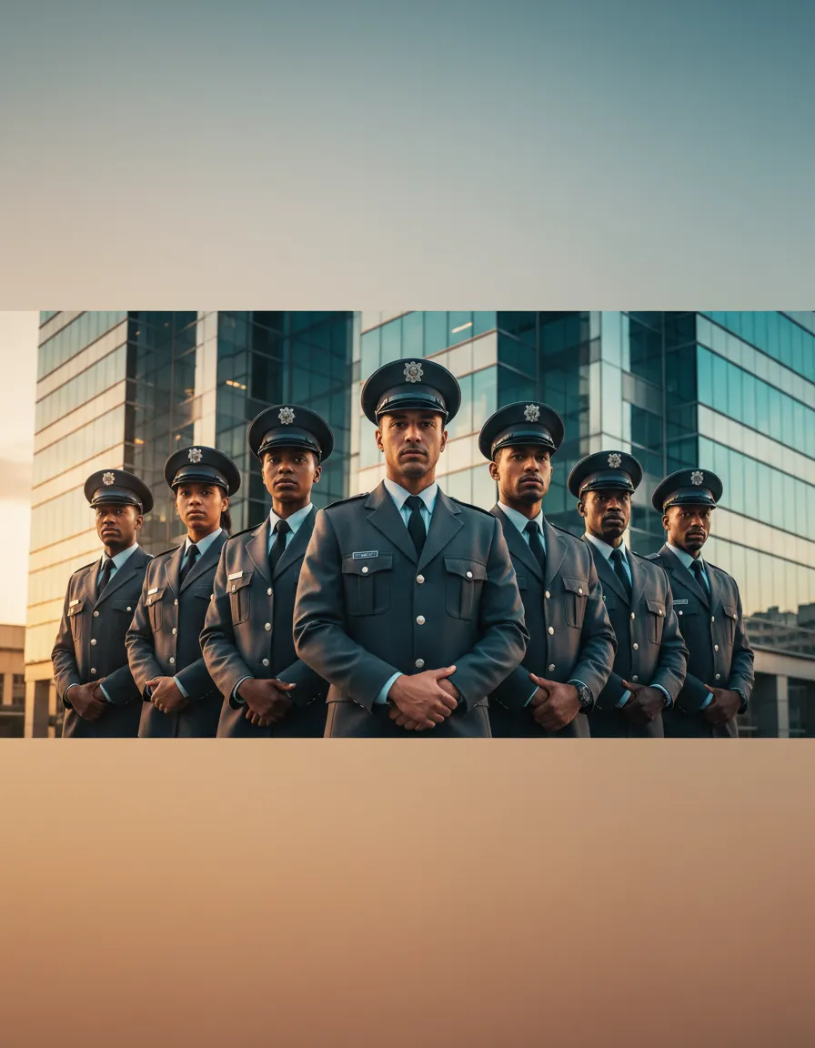 Professional team of highly trained security officers standing in front of a modern corporate building