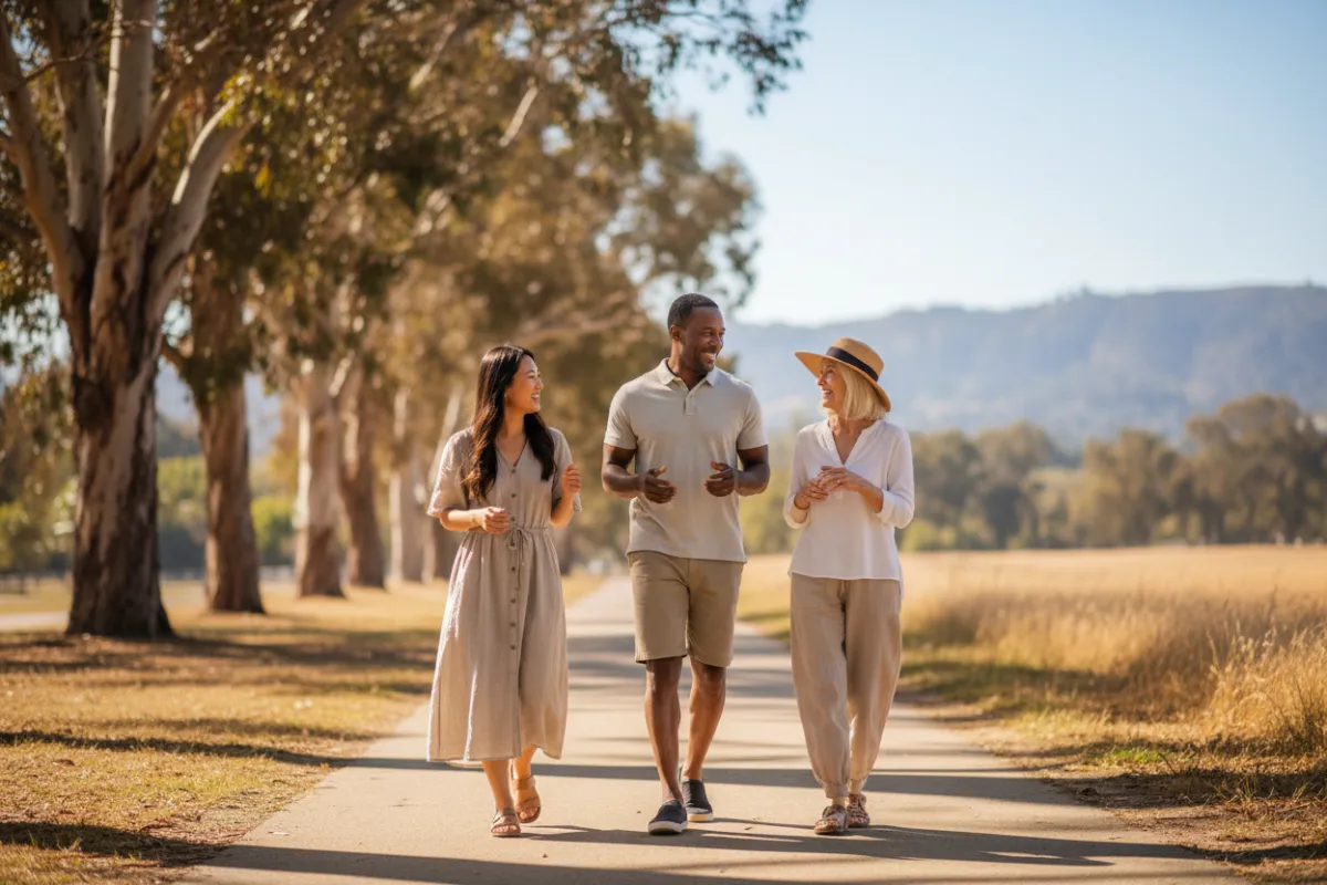 Three adults walking and talking on a sunny park path in California, showing relaxed peer connection.