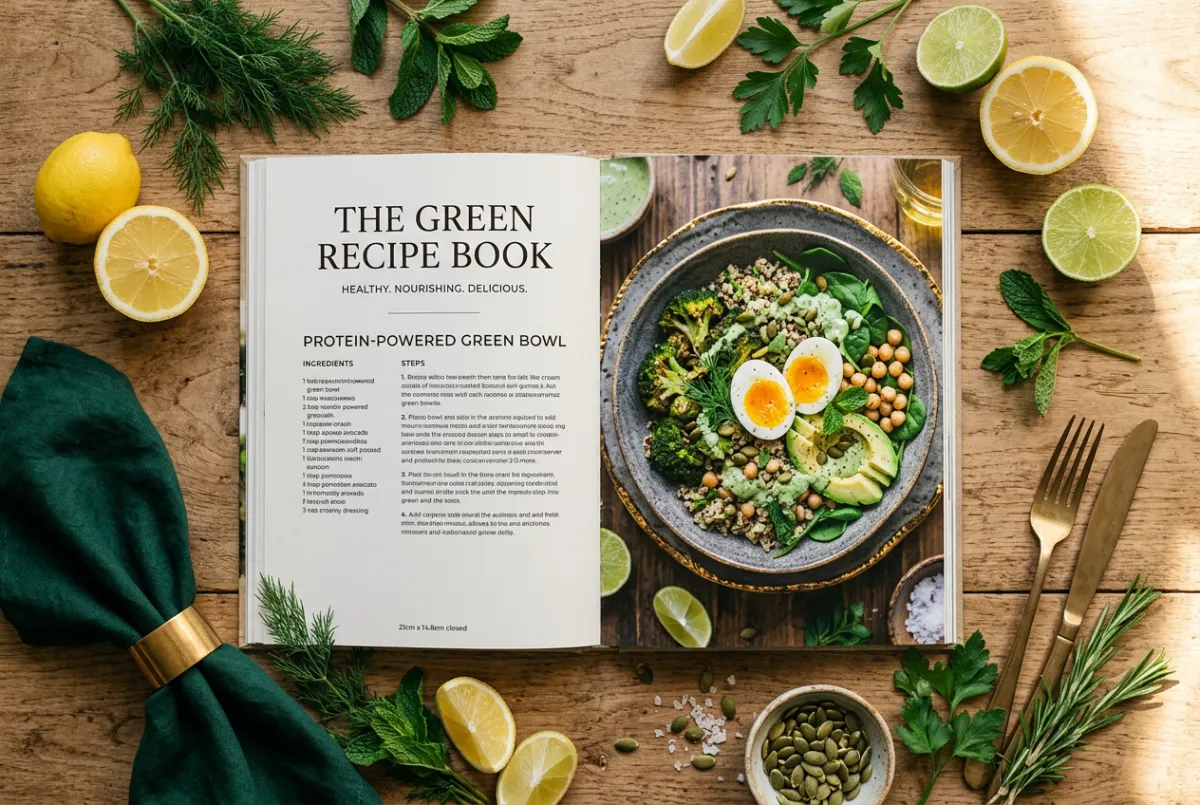 Open spread of The Green Recipe Book showcasing colorful botanical food photography, fresh ingredients, and kitchen styling