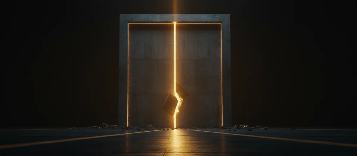 A cinematic, profound moment of breakthrough representing clarity, high-contrast, deep shadows.