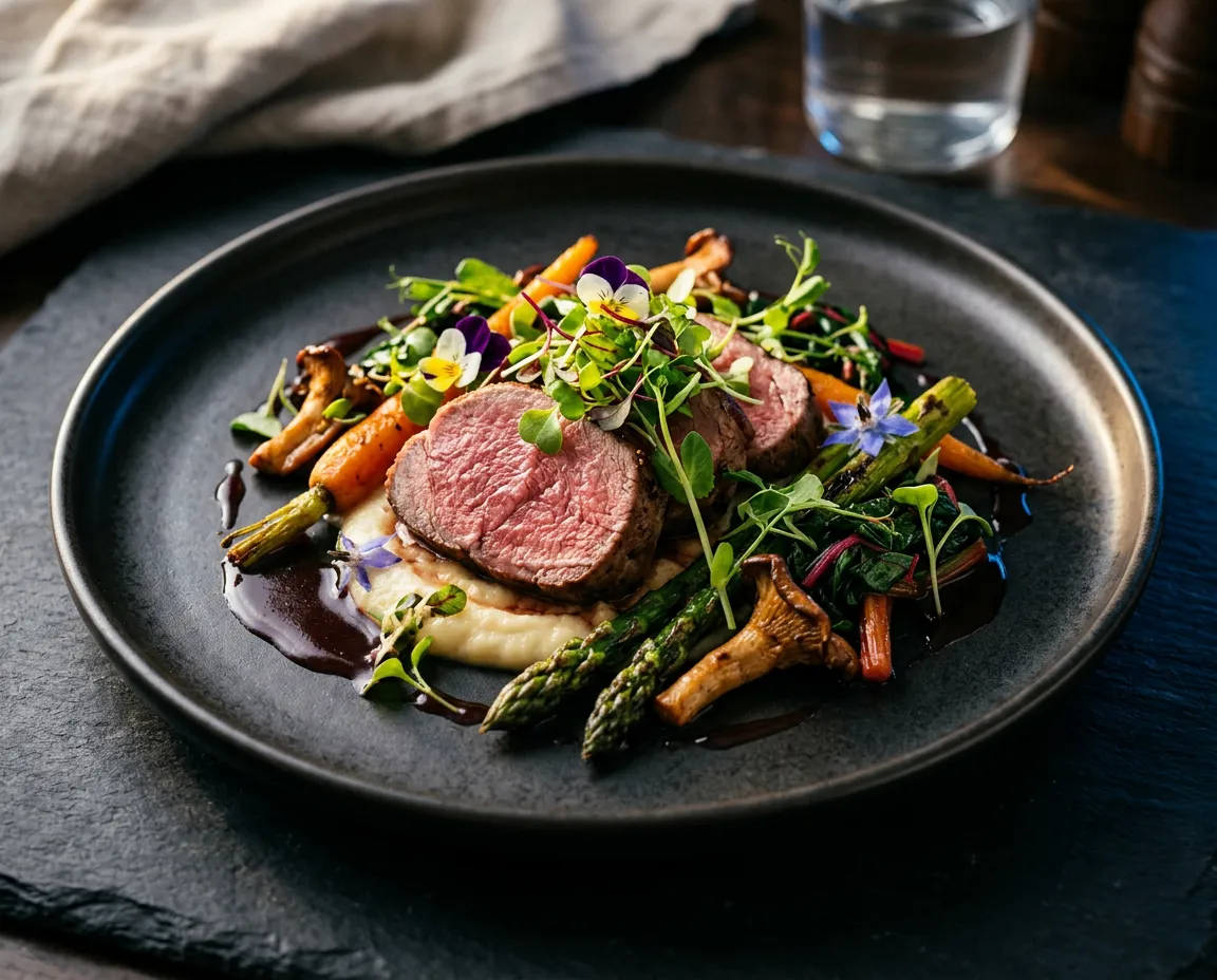 Artisan plated signature dish featuring locally sourced seasonal ingredients and fresh microgreens