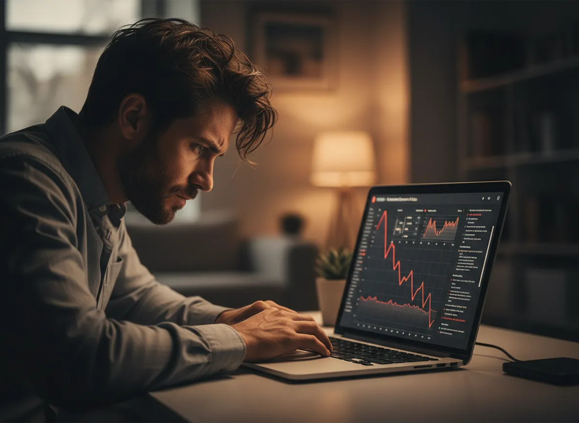 Frustrated entrepreneur staring at a beautiful but non-converting website dashboard.