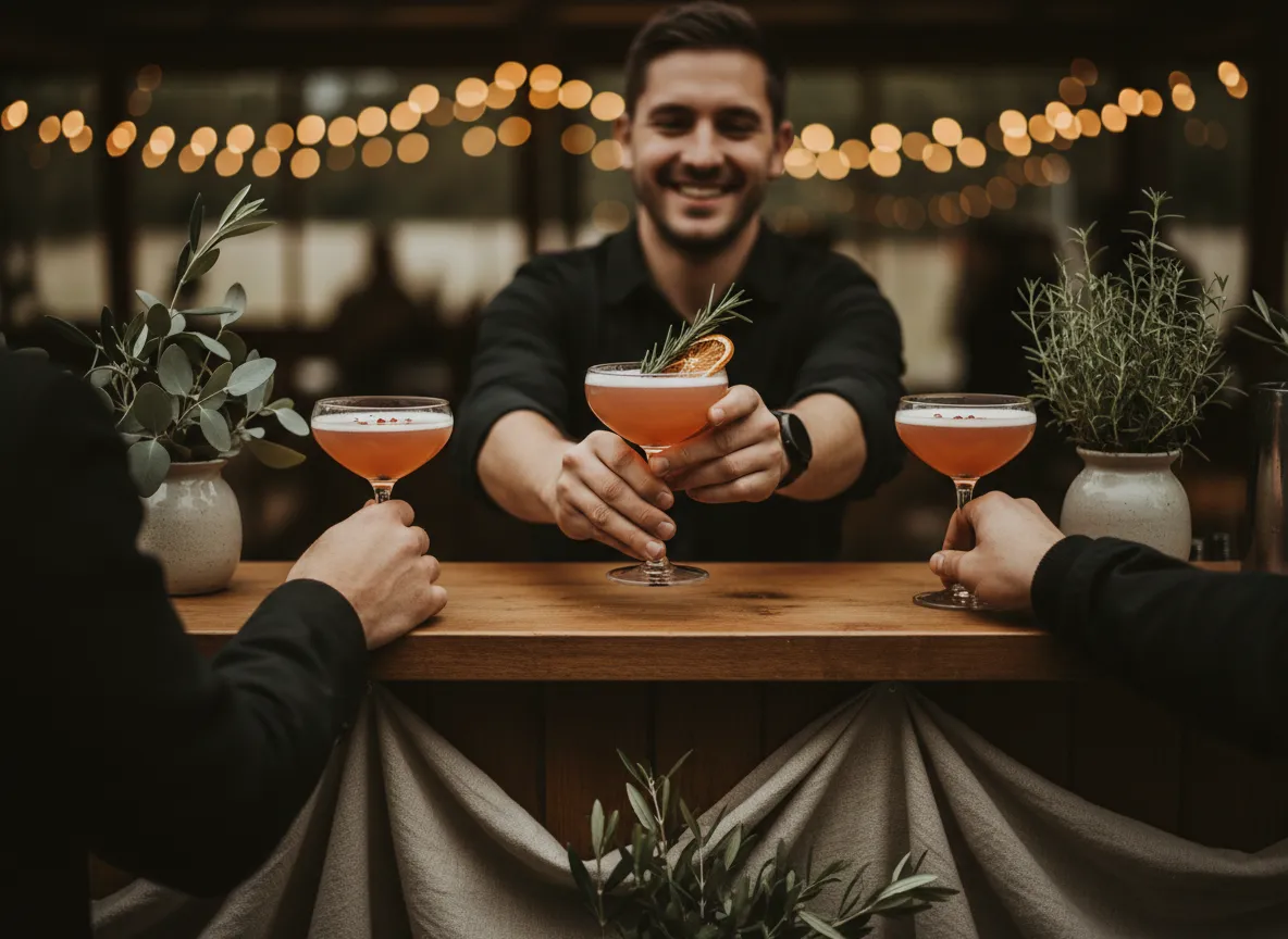 Bartender serving drinks at a warm, intimate event