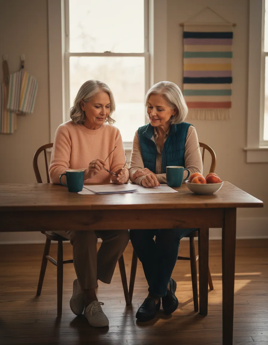 Older LGBTQ+ couple reviewing papers at a kitchen table