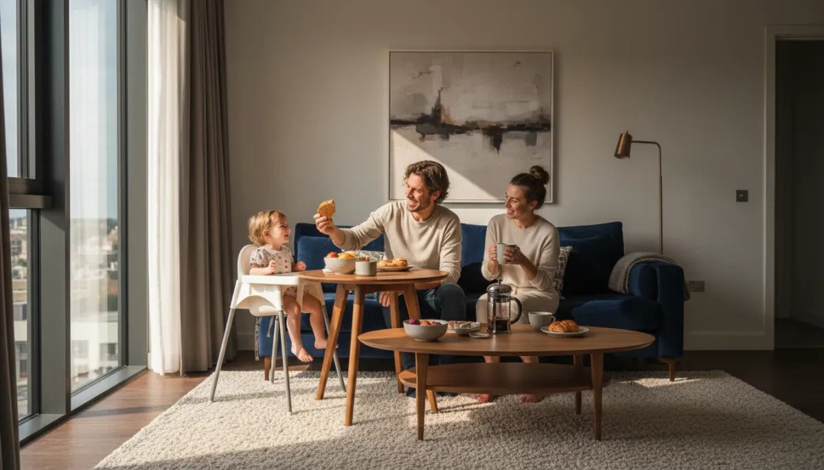 A family enjoying a bright, sunlit morning in the spacious living room of a luxury serviced apartment in Southampton