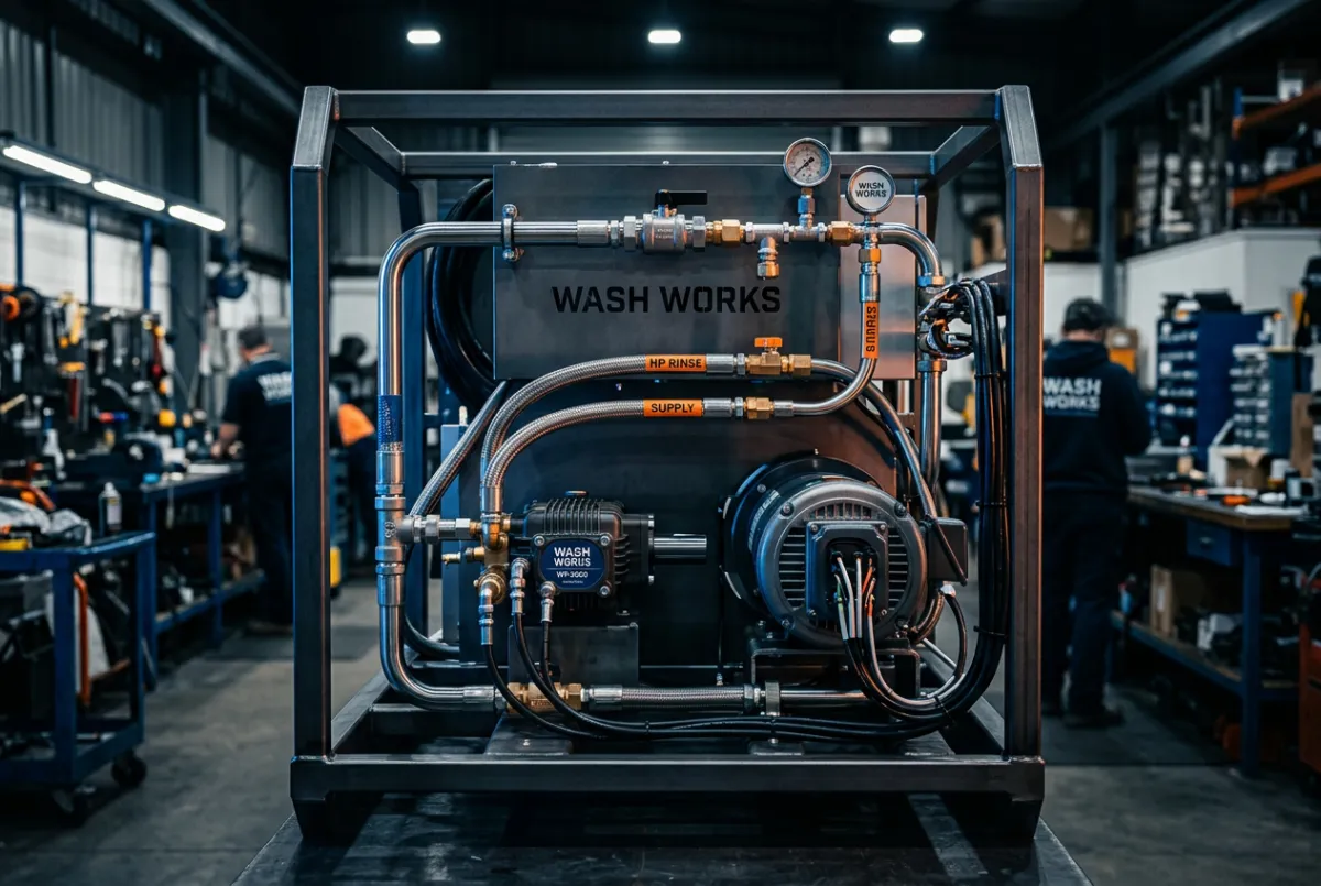 Professional pressure washing and soft wash custom rig fabrication in facility bay