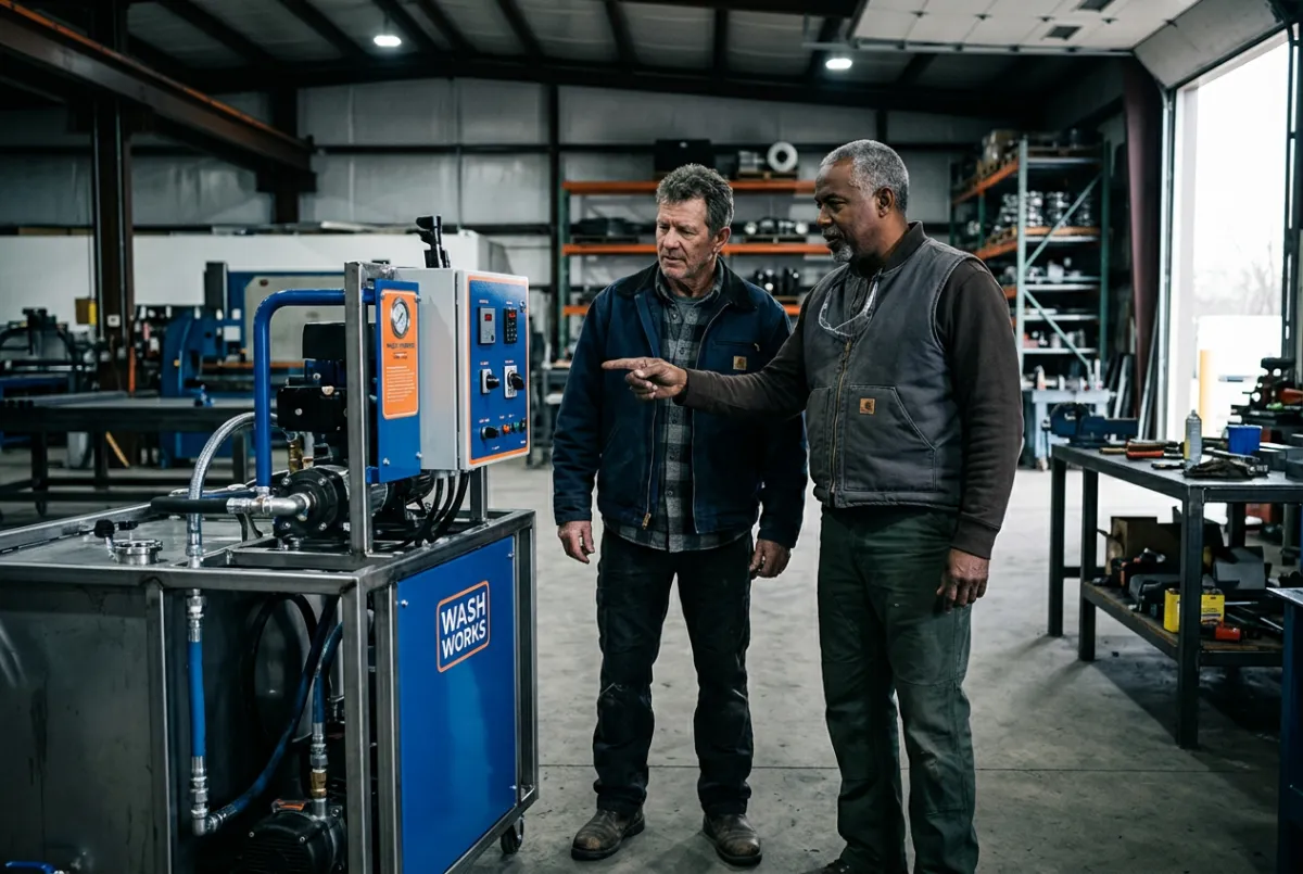Anthony and Nate inspecting a custom wash rig build inside the Wash Works facility