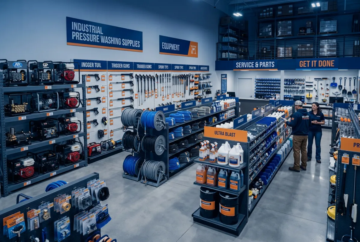 Wash Works Supply physical storefront, service counter, and equipment showroom
