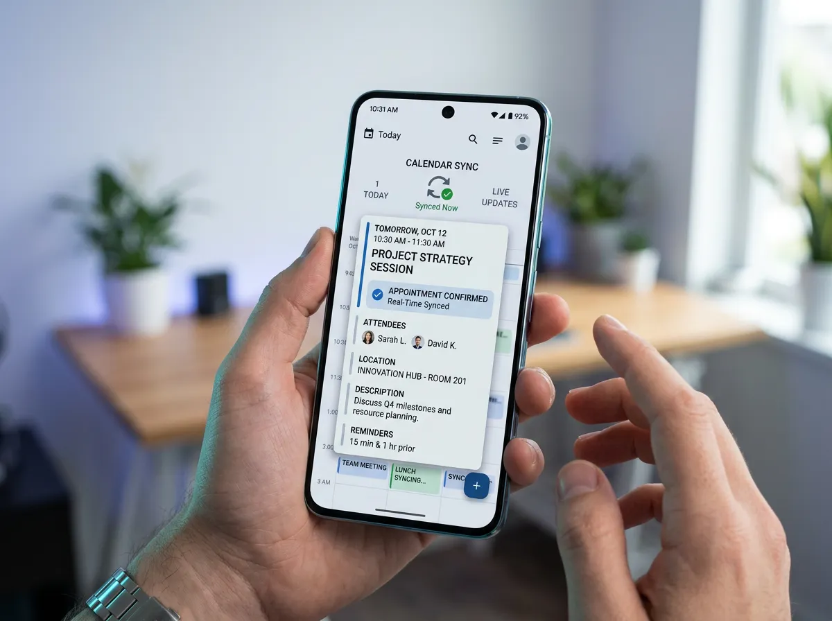 Visual interface displaying real-time calendar synchronization and confirmed appointment details
