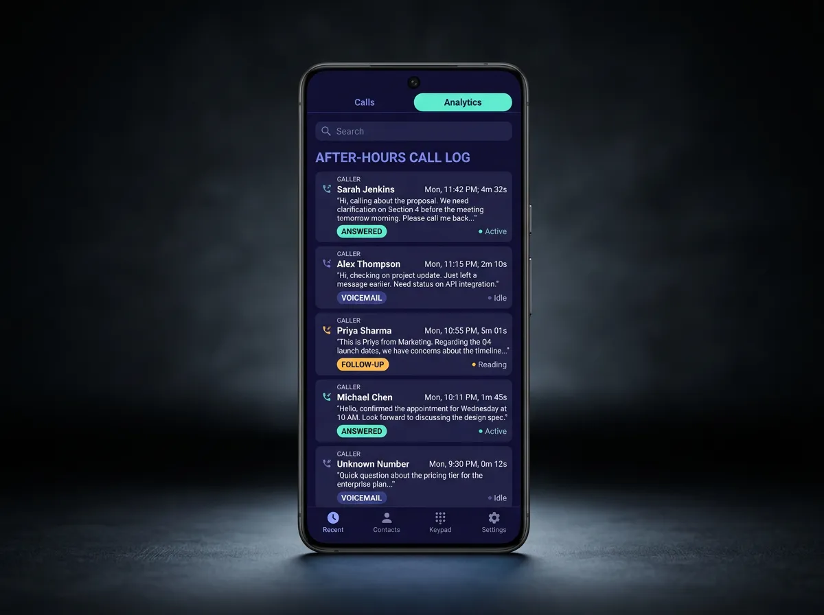 Interface mockup showing after-hours AI call log, caller transcription, and instant status notification