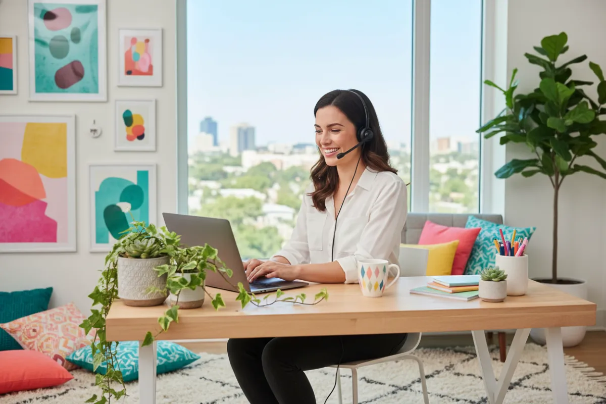 A marketing team member at a desk, answering a call with a headset, surrounded by plants and colorful office decor. The workspace is bright, with a window view and a laptop open. Friendly, approachable, 3:2 aspect.