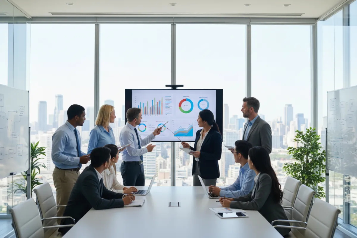 A diverse team of marketing consultants in a modern office, reviewing analytics on a large screen, with cityscape visible through windows. The group includes men and women of various ages and ethnicities, all focused and engaged. Bright, professional, 3:2 aspect.