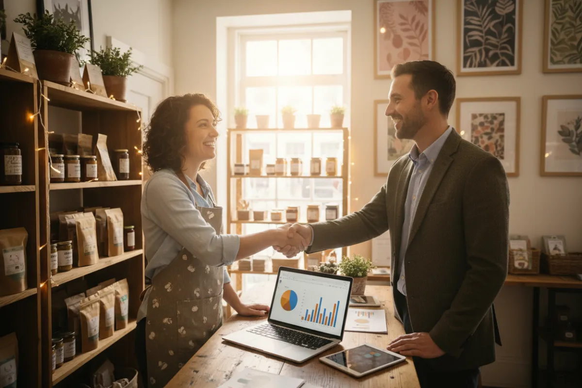 A small business owner and a marketing consultant shaking hands in a cozy shop, surrounded by products and branding materials. Both are smiling, with a laptop open on the counter. Warm, inviting, 3:2 aspect.