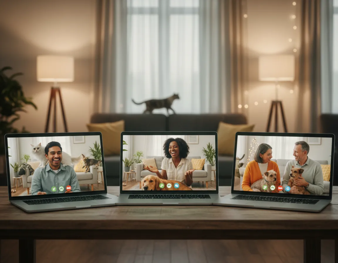 Small group of pet parents chatting in an online community space on laptops