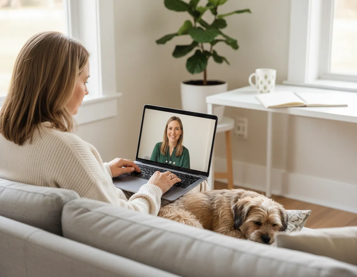 Pet parent on a video call with a pet health coach, small dog nearby