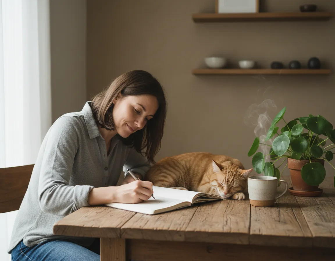 Cat owner journaling pet health notes while cat rests nearby