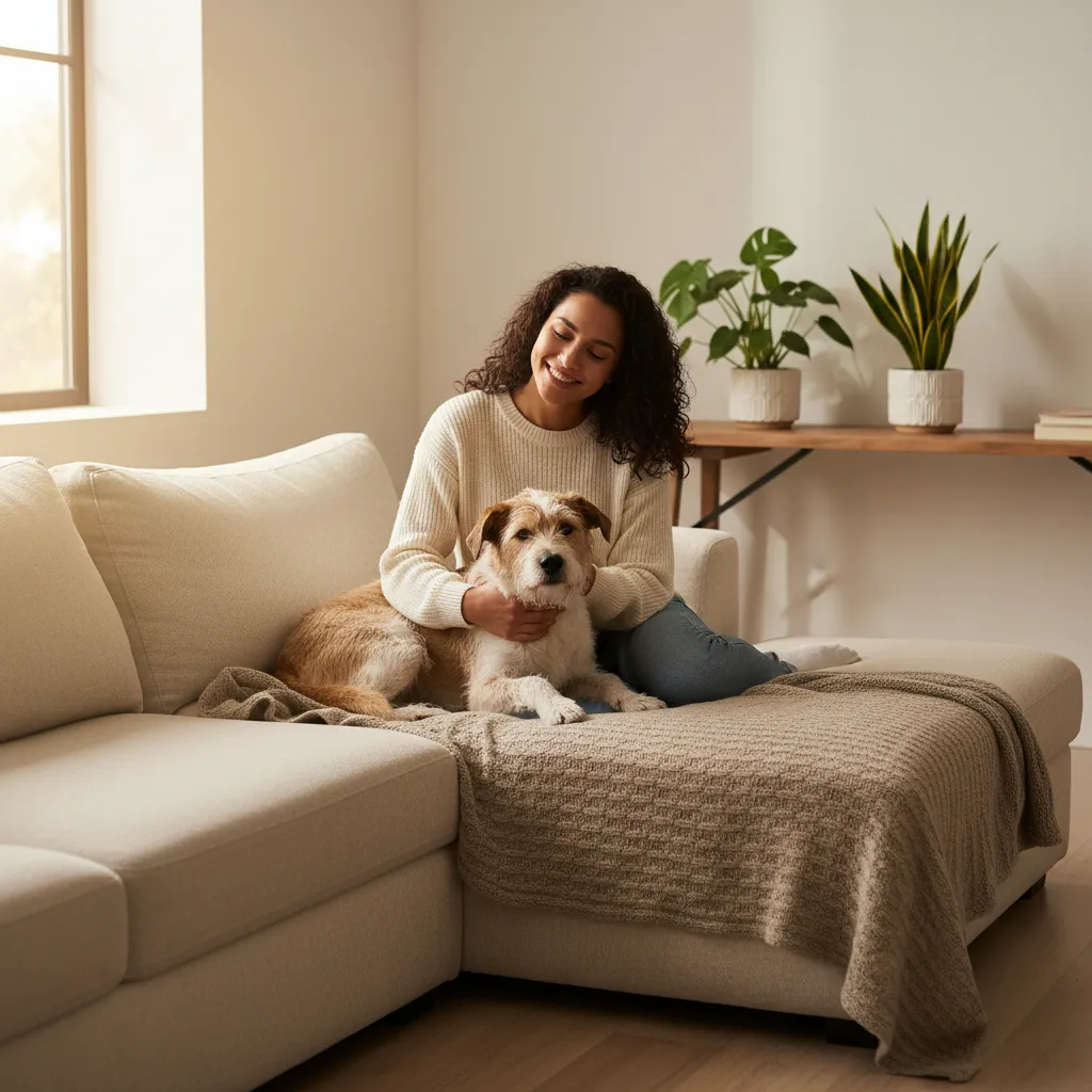 Smiling pet parent cuddling a relaxed dog on the couch