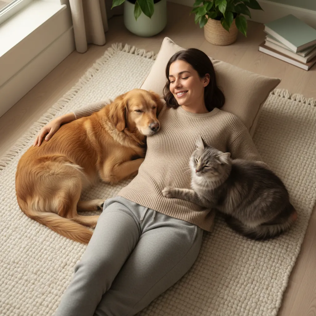 Pet parent lying on a rug with a calm cat and dog snuggled close