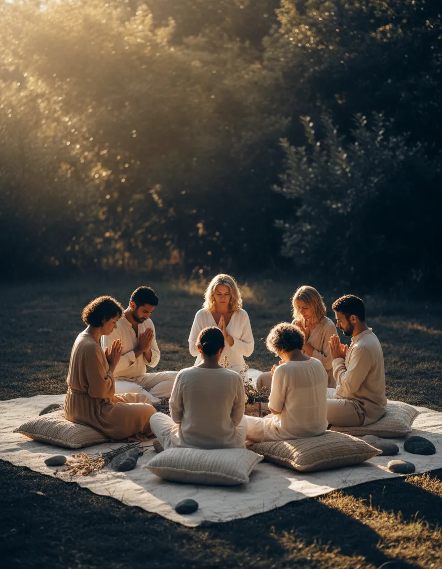 A small group gathered in prayer and reflection outdoors