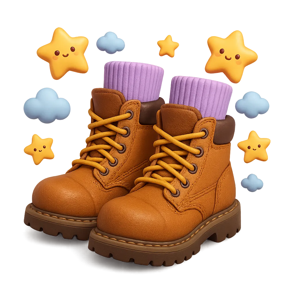 A pair of rugged but cute work boots with pastel lavender steel-toe socks peeking out, surrounded by floating kawaii stars