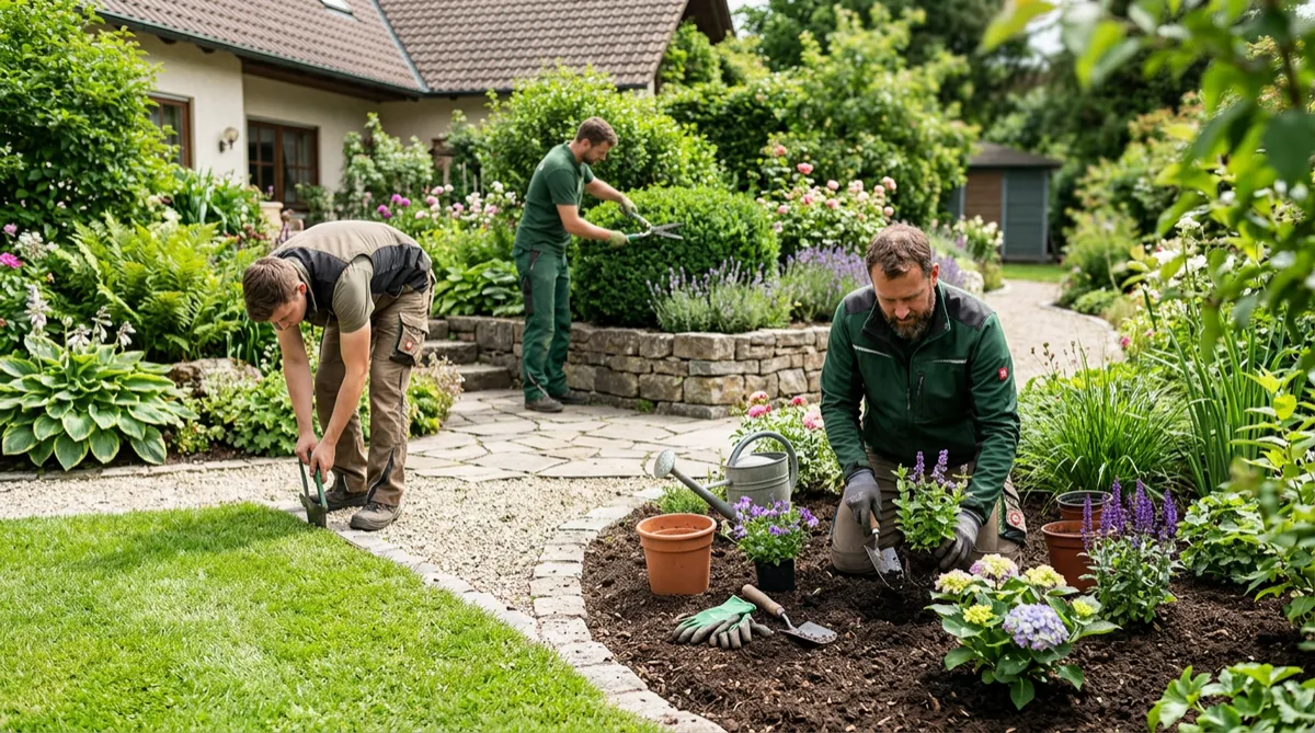 Landschaftsgärtner bei der Arbeit in einem gepflegten Garten