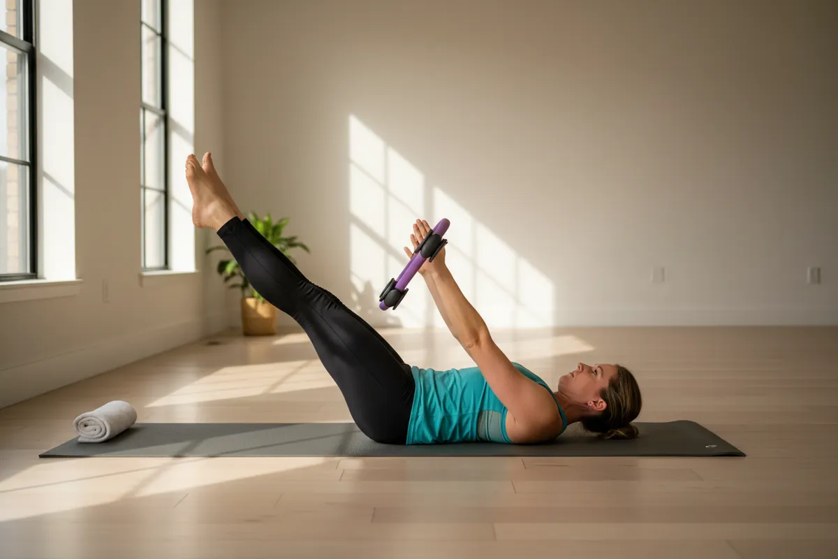 A Pilates session showing a reformer and instructor, clearly representing Pilates (not yoga)