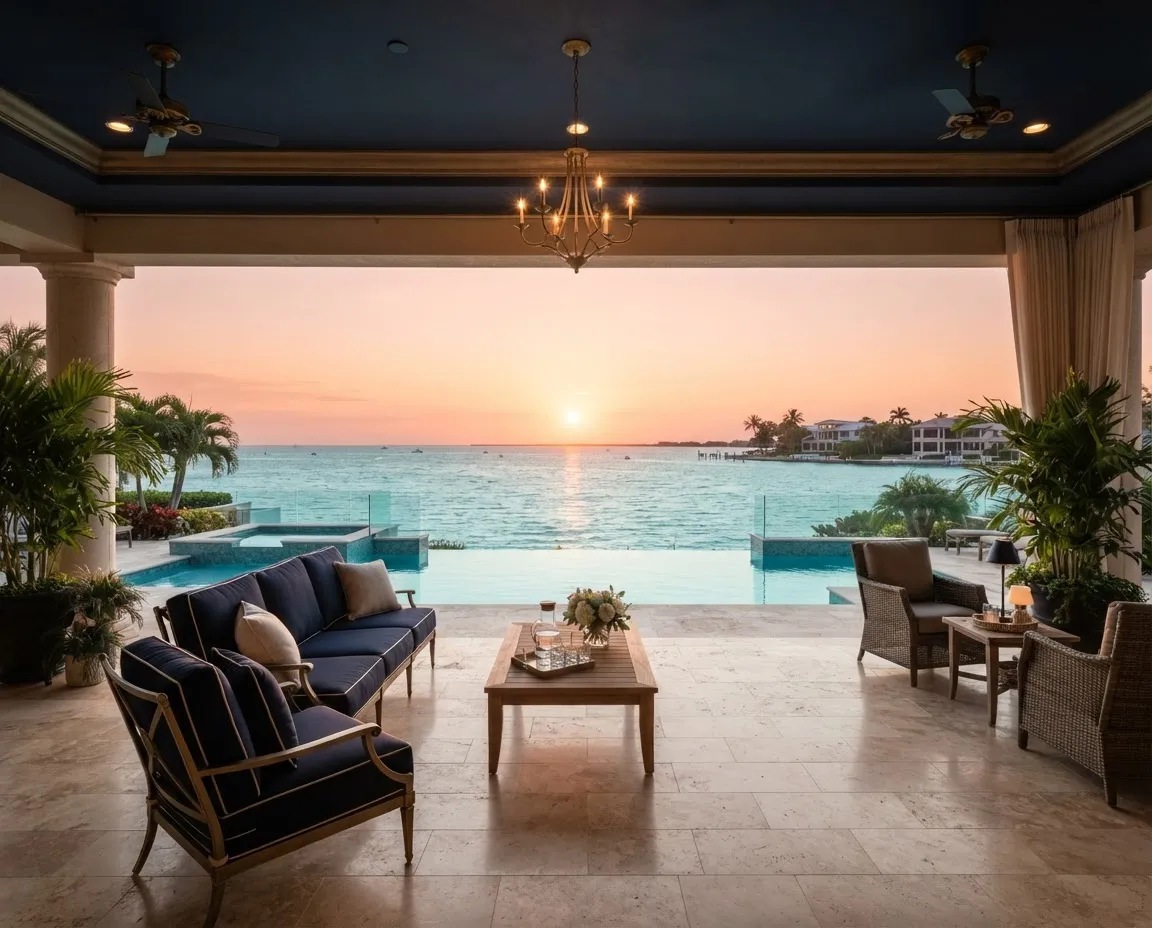 Upscale Florida Gulf Coast estate featuring an open-air lanai and waterfront sunset view