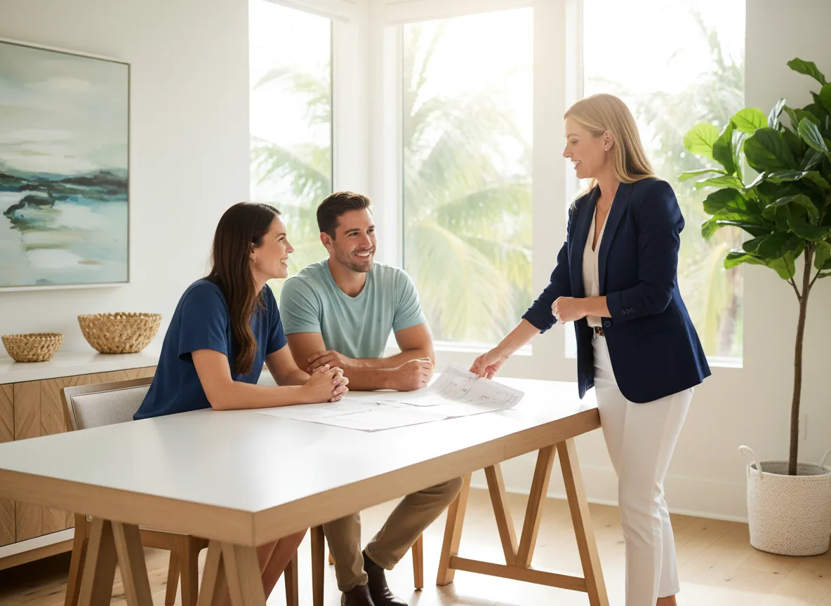 Florida real estate agent meeting with clients in a bright office