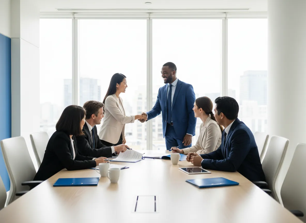 Real estate professionals meeting with clients in a modern office