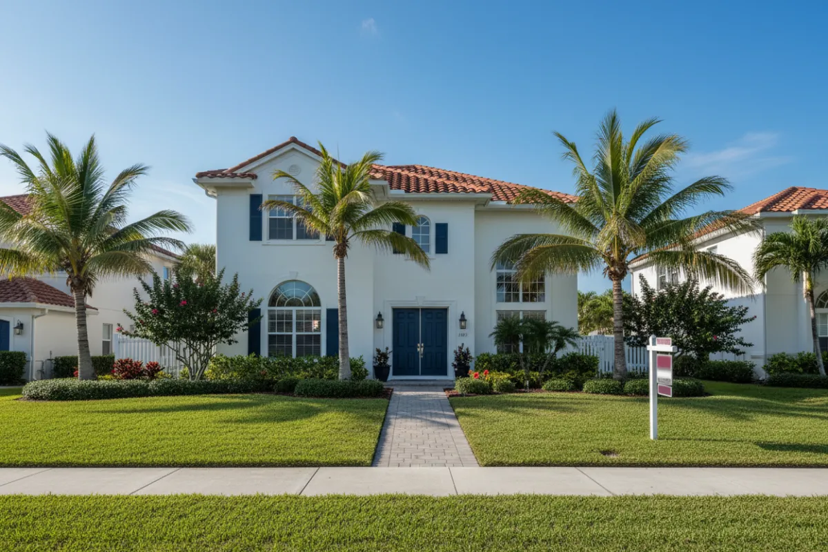 Pristine curb of a coastal Florida home with manicured lawn and a subtle for sale sign in late-morning light.