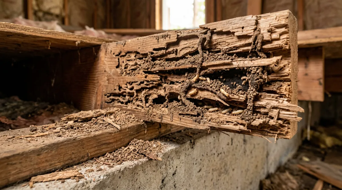 Close-up of termites and severe wood damage on an exposed wooden beam.