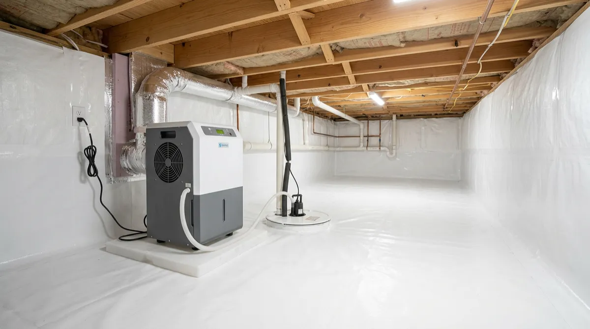 Encapsulated crawlspace with a dehumidifier installed